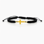 Bratara cu cruce plina, 2 bilute din aur 14k si snur impletit