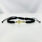 Bratara cu cruce plina, 2 bilute din aur 14k si snur impletit