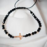 Bratara cu cristale, cruce plina si 6 bilute din aur 14k